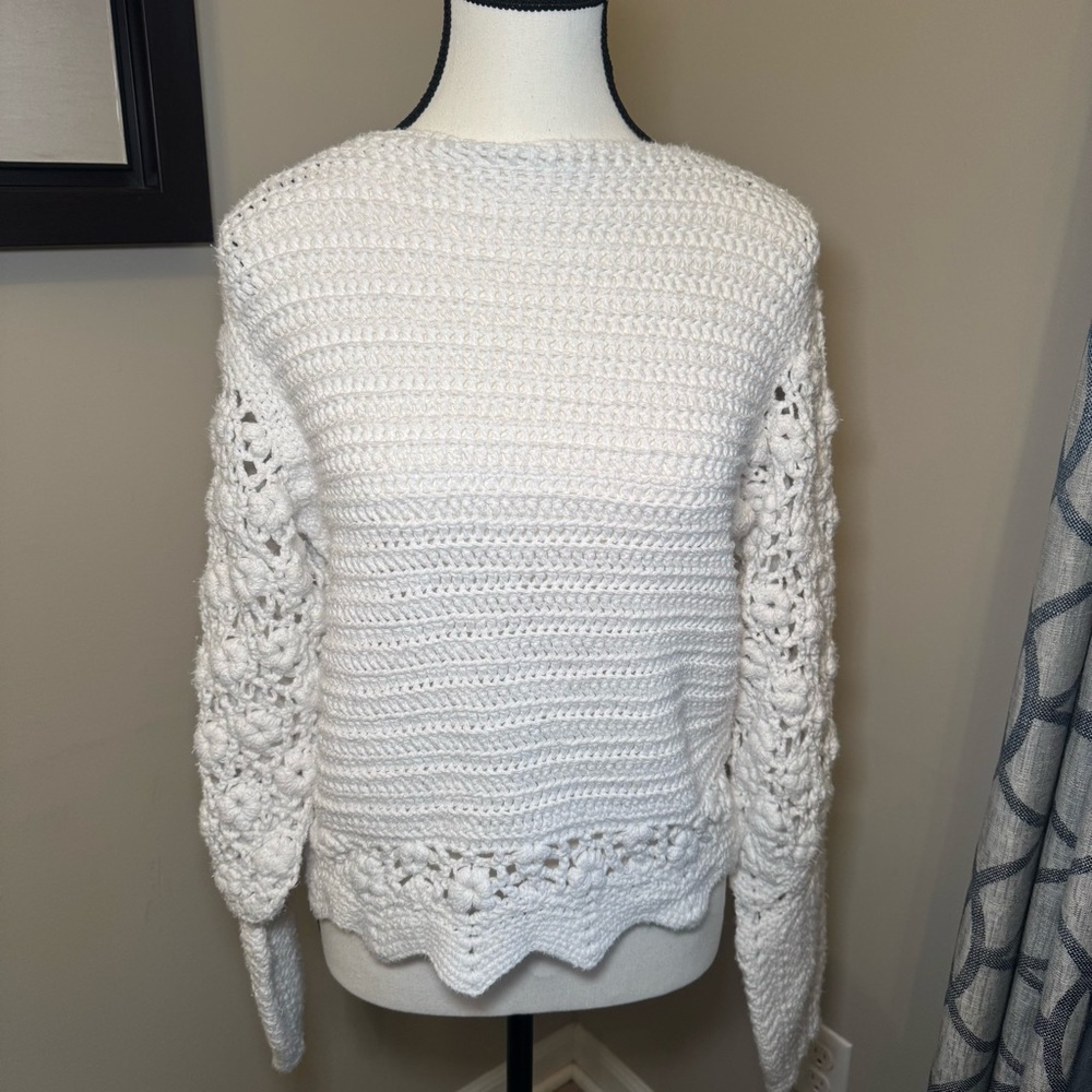 Hand Crocheted White Lace Puff‎ Stitch Sweater Boho Artisan Vintage